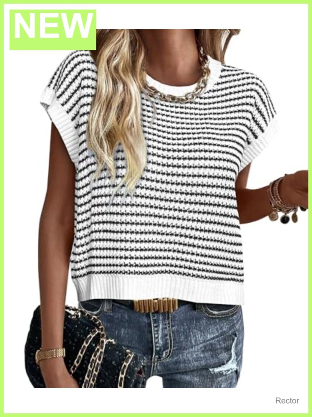 PRETTYGARDEN Striped Cap Sleeve Sweater Vest Crew Neck Knit